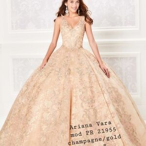 Ariana Vara Champagne Gold V-Neck Ball Gown Prom Dress